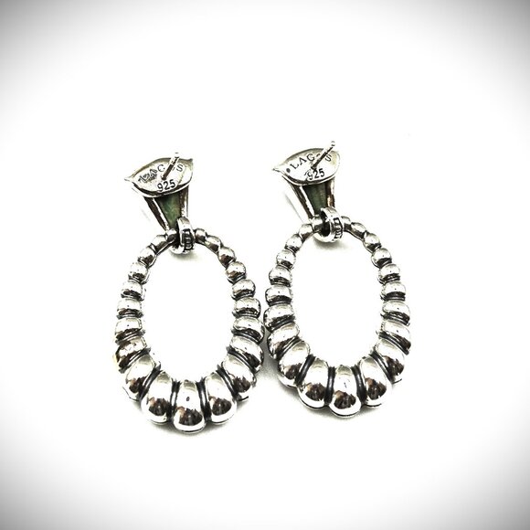 LAGOS Venus Link Oval Fluted Sterling Silver 18K Gold Post Malachite Earrings - Picture 9 of 10